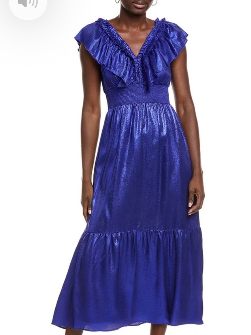 Adrianna Eve Metallic Blue Ruffled V-Neck Midi Dress